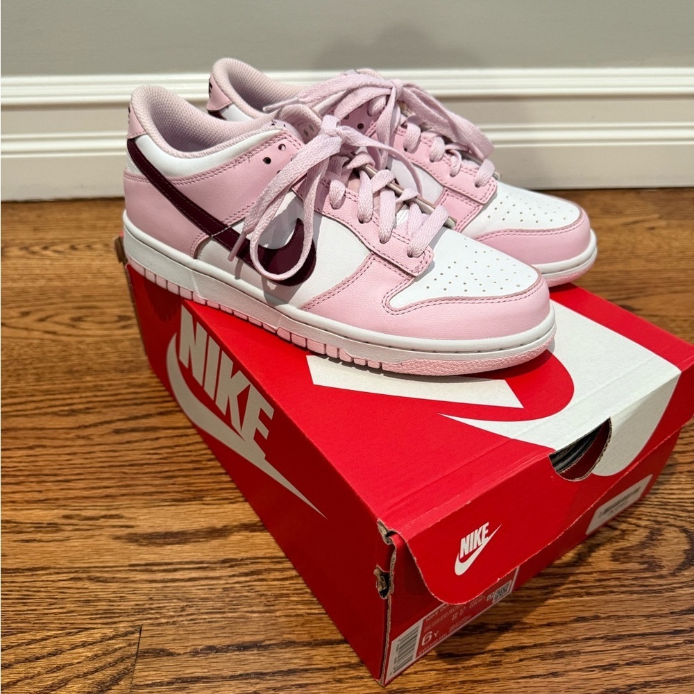 Nike Dunk Low Sneakers in Pink Foam, Red, and White